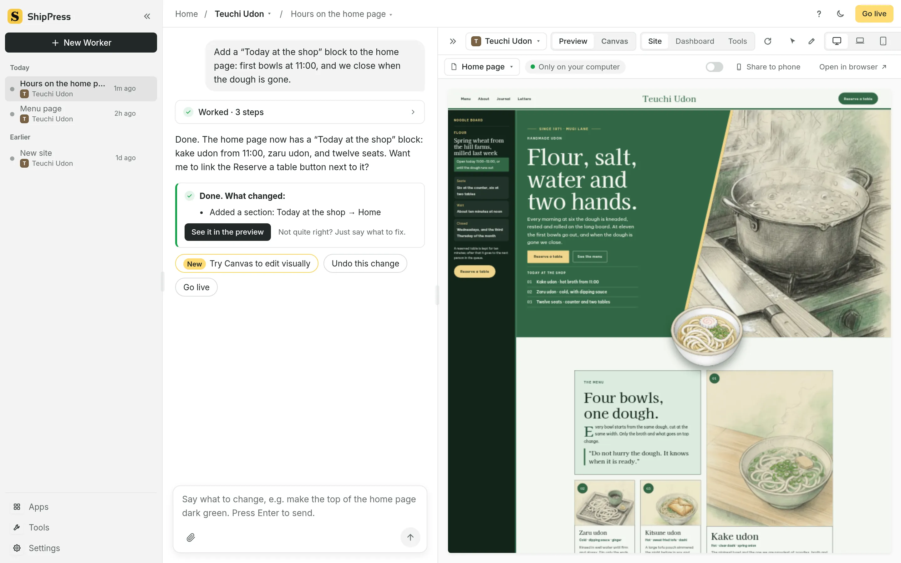 ShipPress with the chat on the left and a live preview of the site on the right.