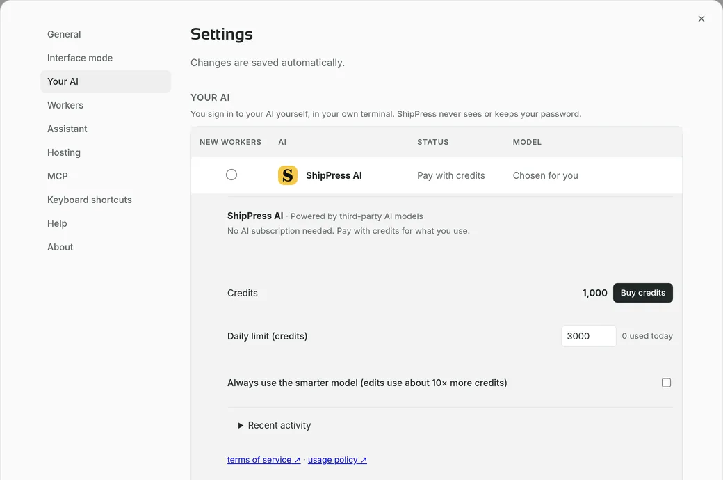 ShipPress Settings, Your AI section, with the ShipPress AI card showing the credit balance and a Buy credits button