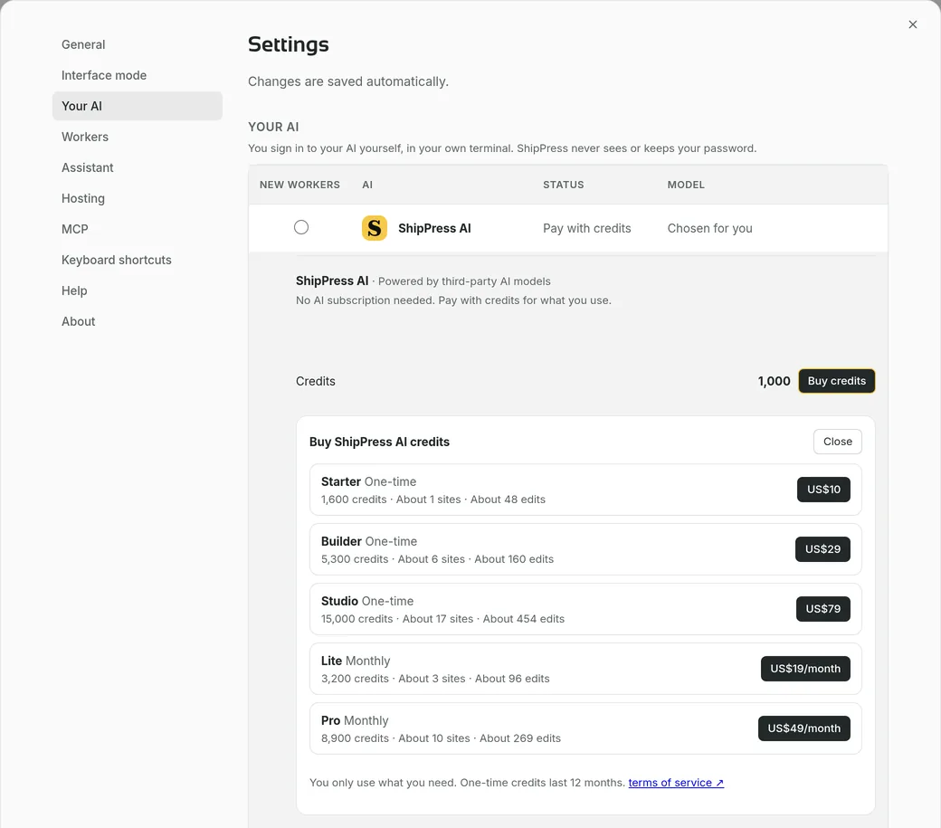 The Buy ShipPress AI credits list: three one-time packs and two monthly plans with their prices