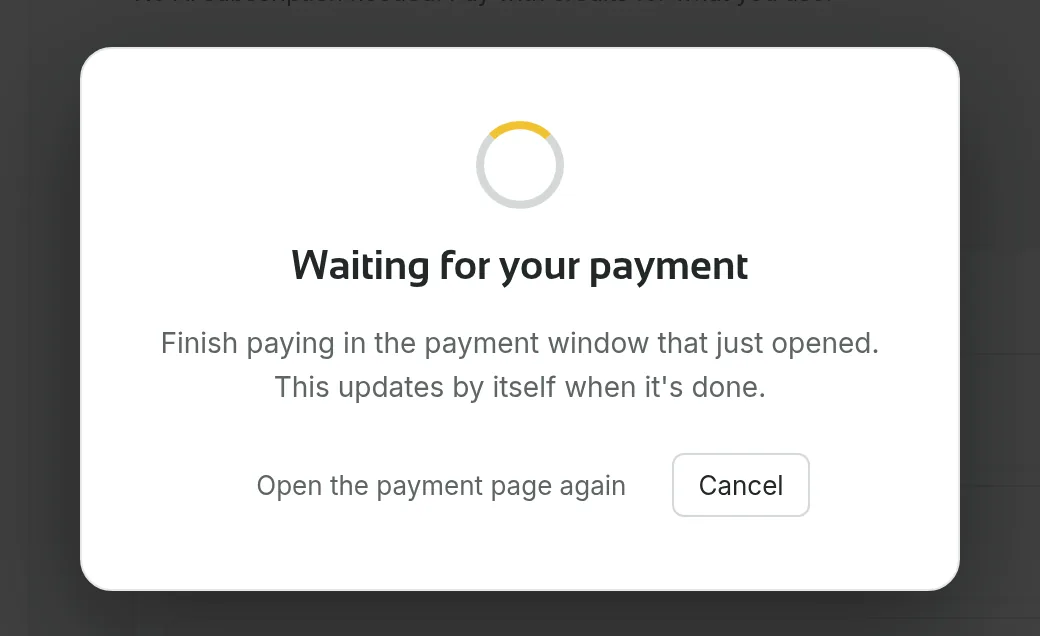 The “Waiting for your payment” screen shown while the payment window is open