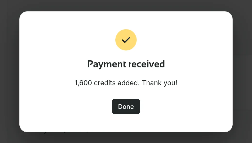 The “Payment received” screen confirming that credits were added