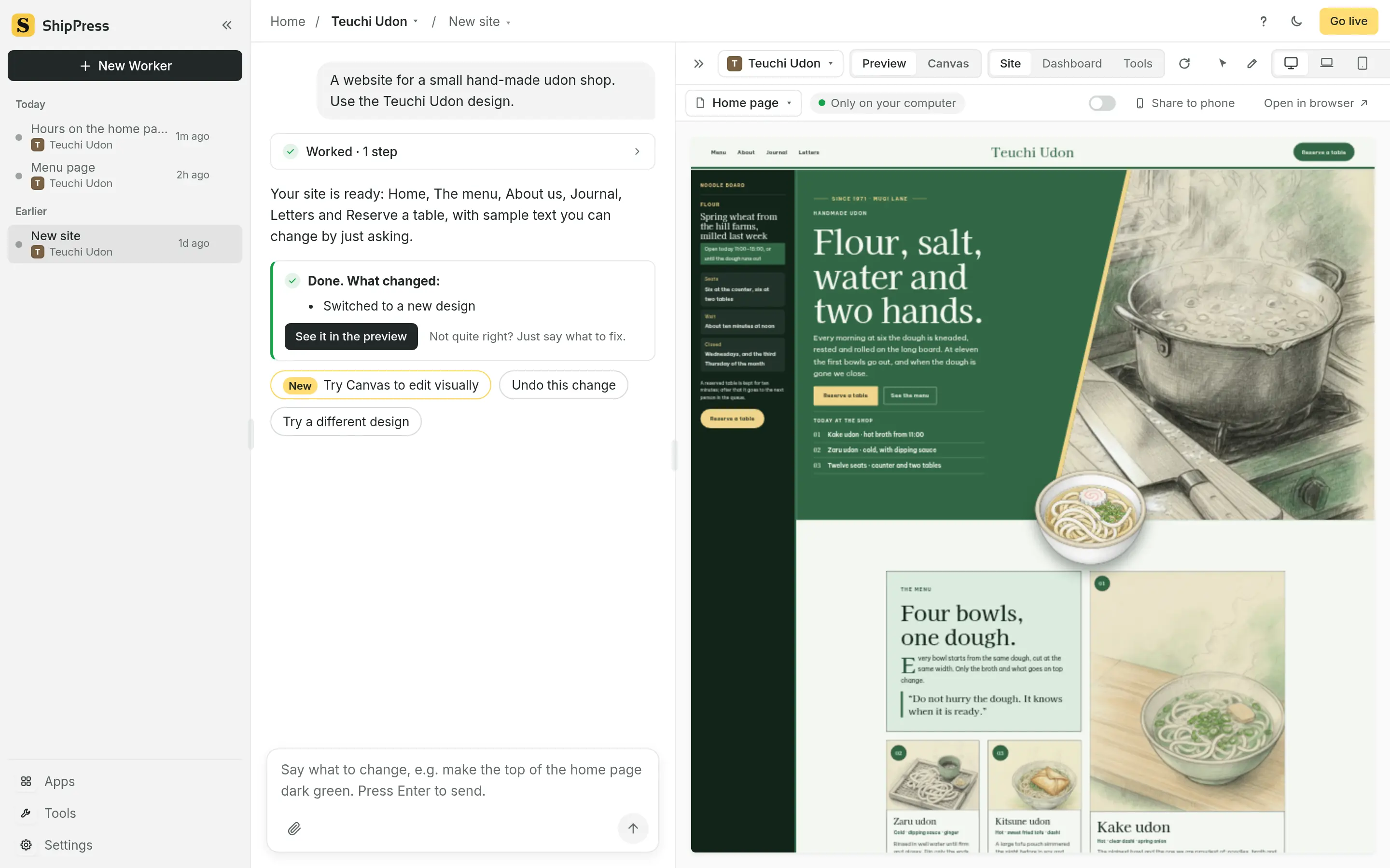 ShipPress right after a new site was created from one sentence: the chat says the site is ready, and the preview shows the Teuchi Udon home page for a small hand-made udon shop.