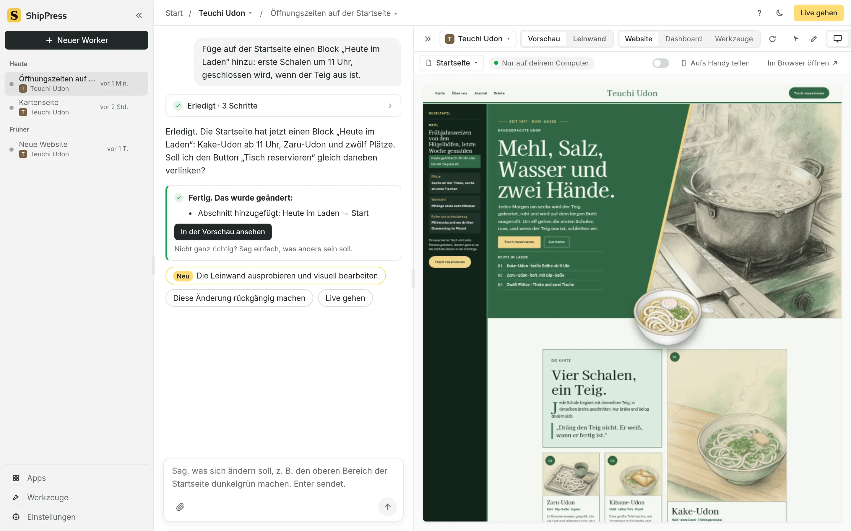 ShipPress mit dem Chat links und einer Live-Vorschau der Website rechts.
