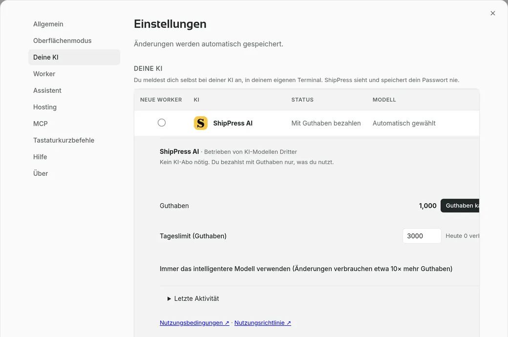 ShipPress-Einstellungen, Bereich „Deine KI“: Die Karte ShipPress AI zeigt das Guthaben und die Schaltfläche „Guthaben kaufen“