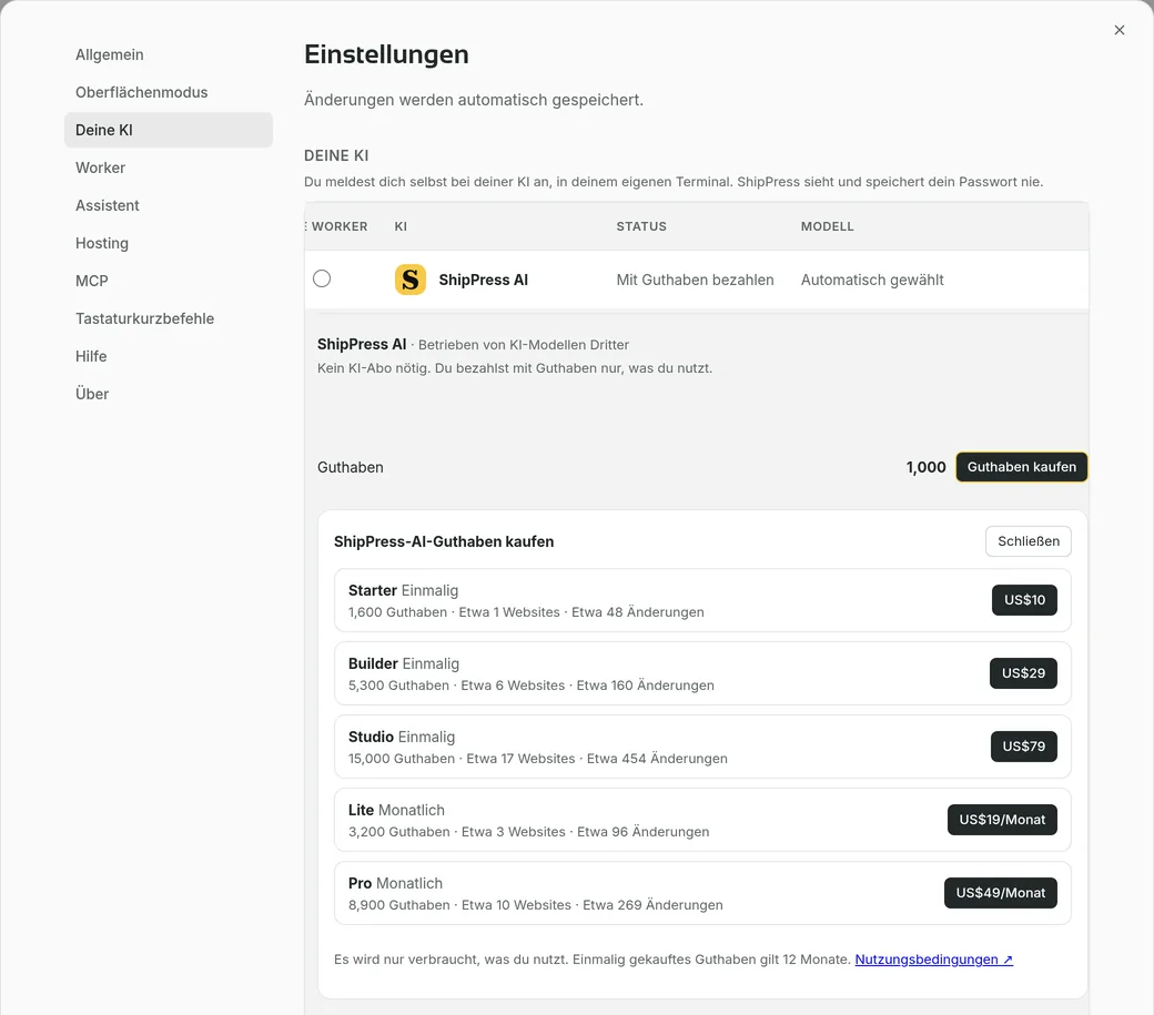 Die Liste „ShipPress-AI-Guthaben kaufen“: drei Einmalpakete und zwei Monatstarife mit Preisen
