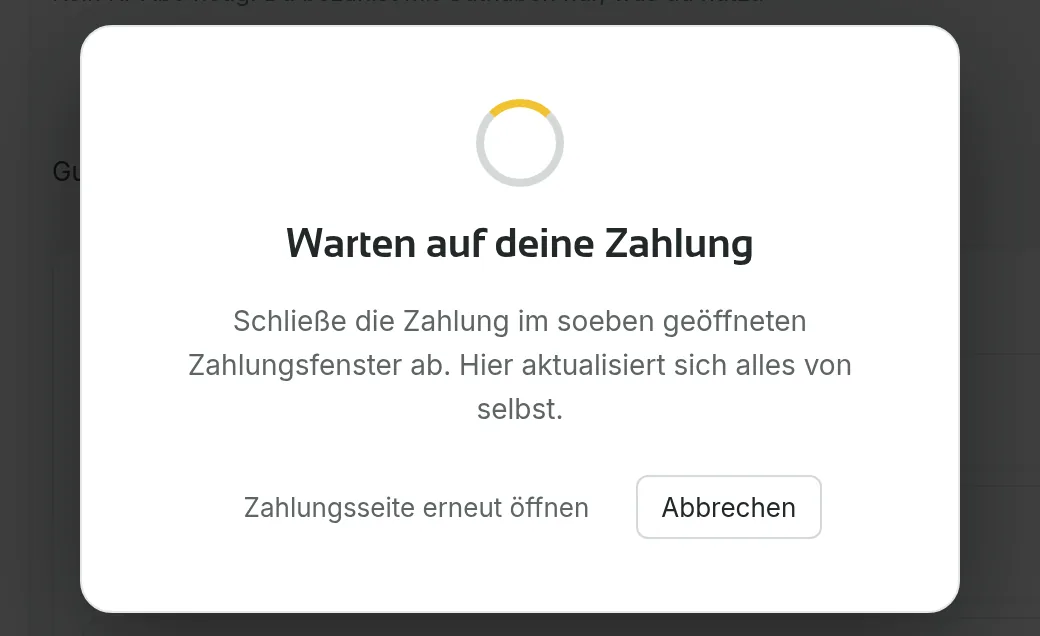 Der Bildschirm „Warten auf die Zahlung“, während das Zahlungsfenster offen ist