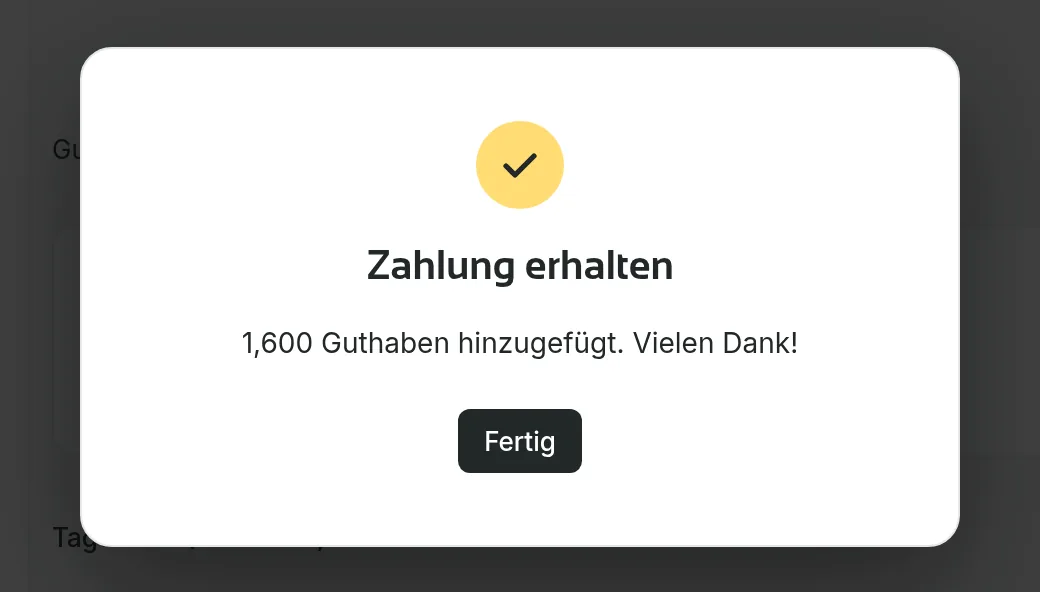 Der Bildschirm „Zahlung erhalten“, der bestätigt, dass Guthaben hinzugefügt wurde