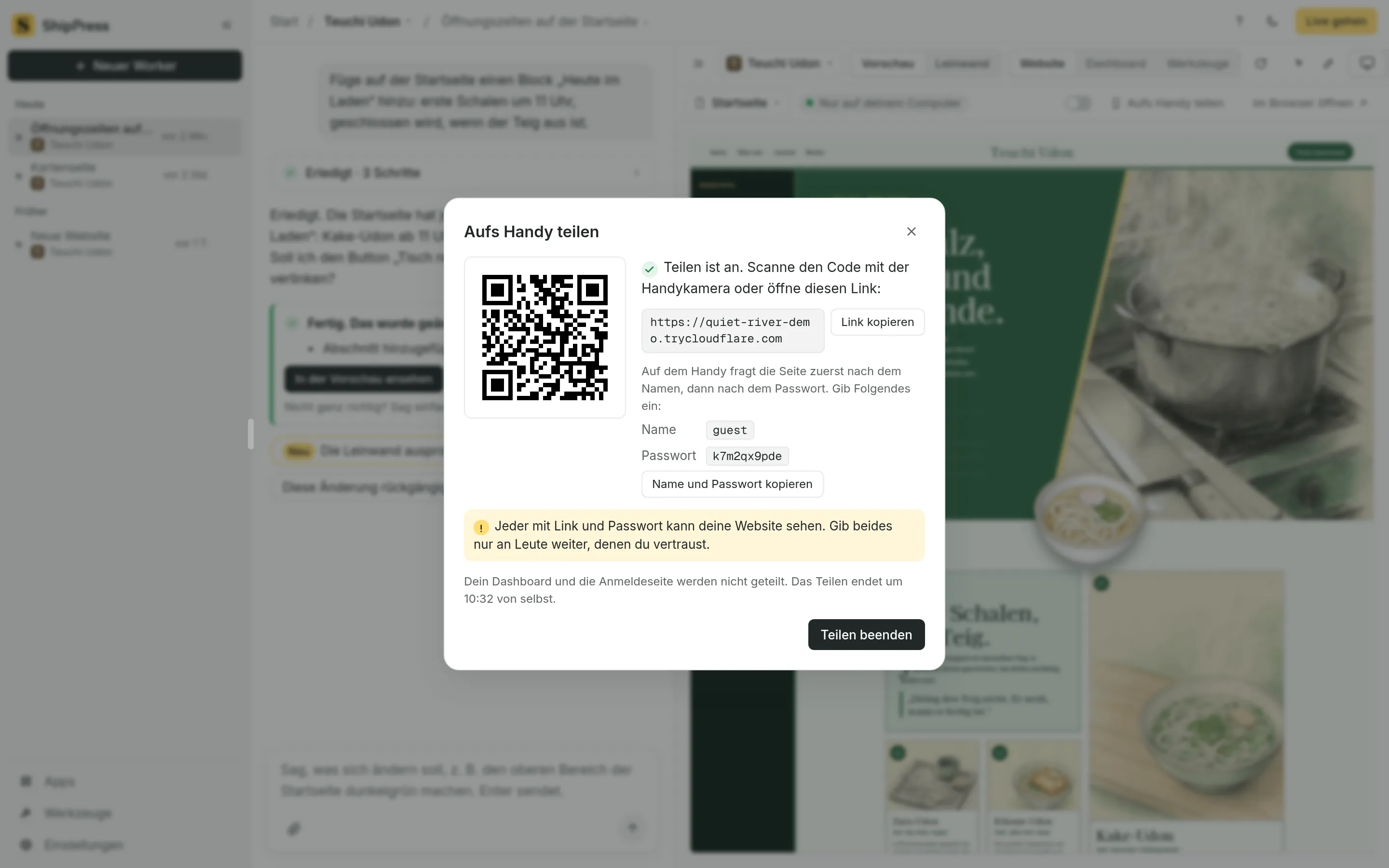 Der Dialog Aufs Handy teilen, mit einem QR-Code für einen zeitweisen Link.