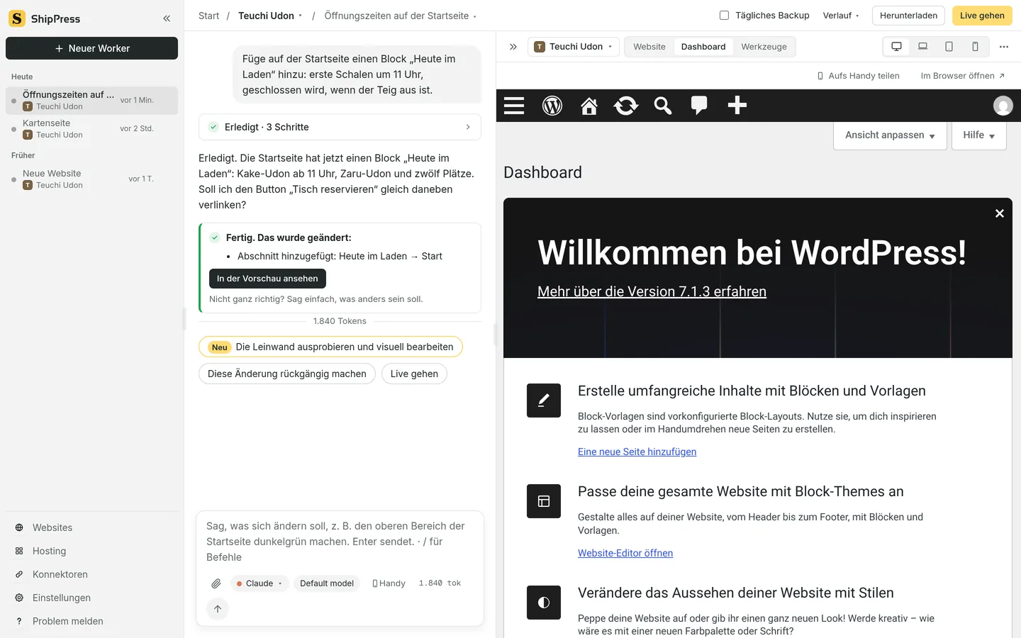 Die Vorschau auf Dashboard, mit dem WordPress-Dashboard, schon angemeldet.