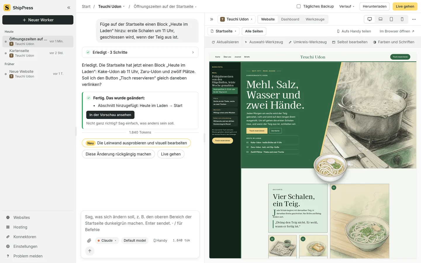 ShipPress mit dem Chat links und einer Live-Vorschau der Website rechts.