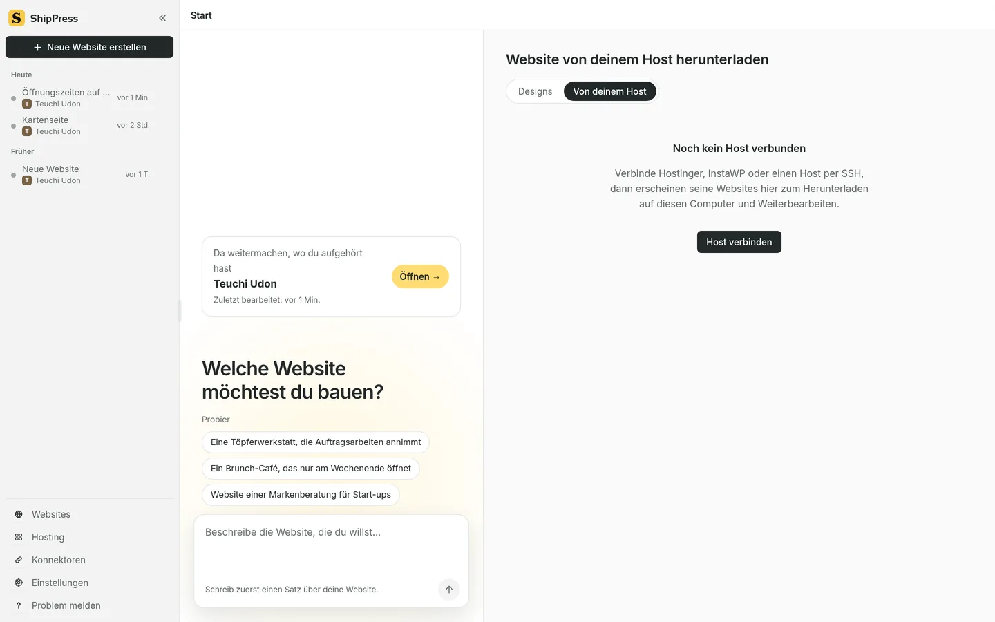 Der Bereich Von deinem Host, mit der Überschrift Website von deinem Host herunterladen und einem Knopf Host verbinden.