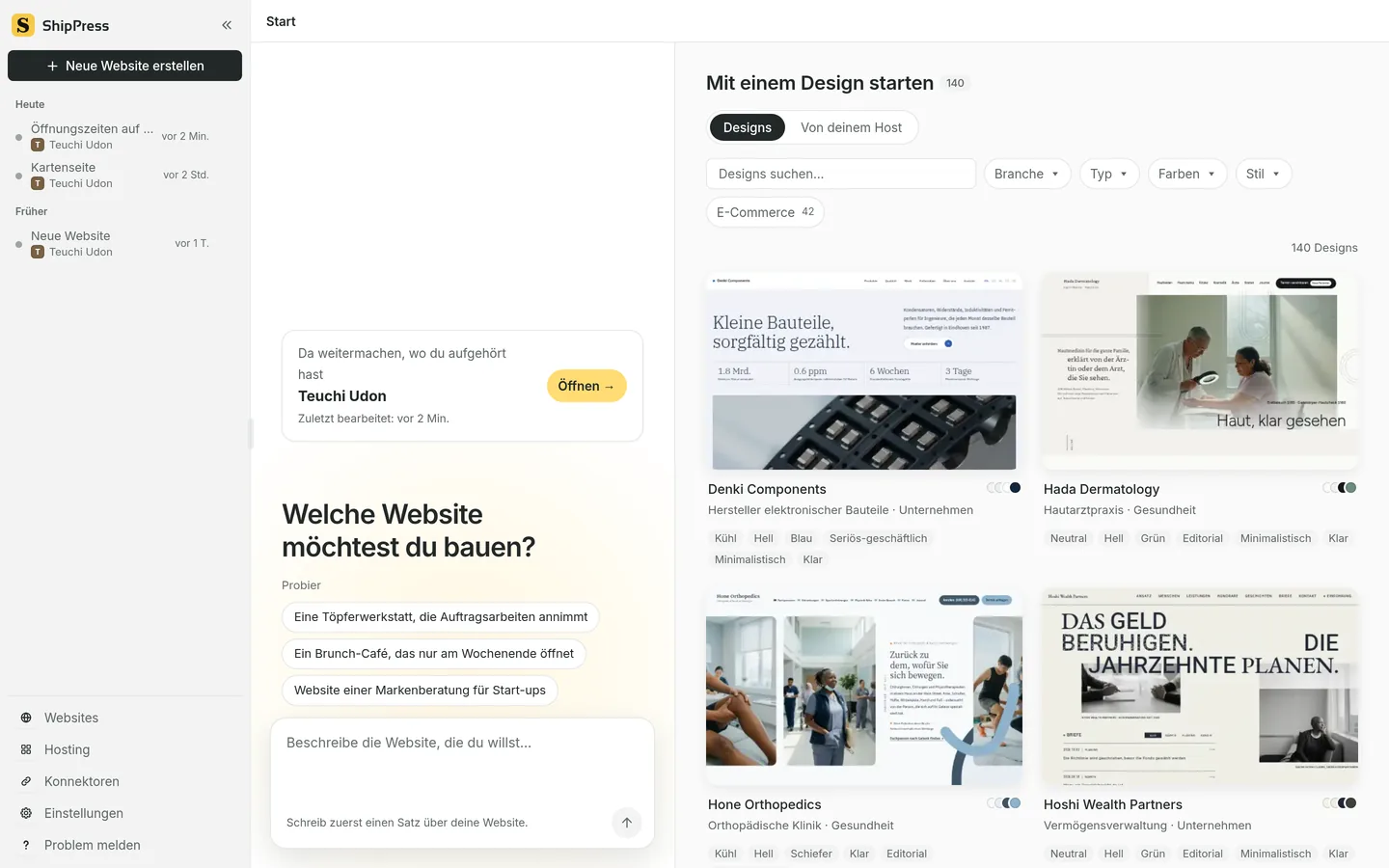 Die Startseite von ShipPress: ein Feld für die Website, Vorschlagszeilen und eine Designwand mit den Filtern Branche, Typ, Farben und Stil.