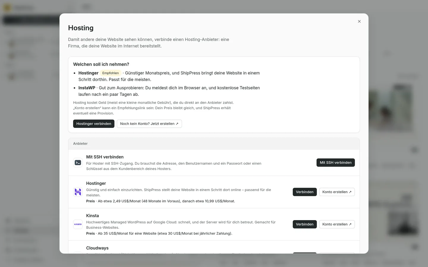 Der Hosting-Dialog: Welchen soll ich nehmen, Hostinger als Empfohlen, InstaWP zum Ausprobieren, und Karten für Mit SSH verbinden, Kinsta und Cloudways.