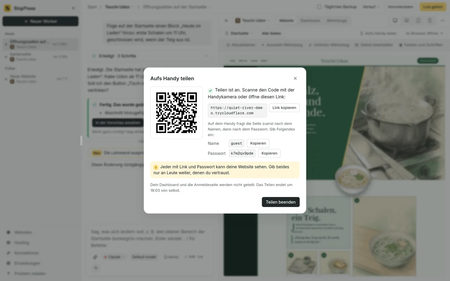 Der Dialog Aufs Handy teilen, mit einem QR-Code für einen zeitweisen Link.