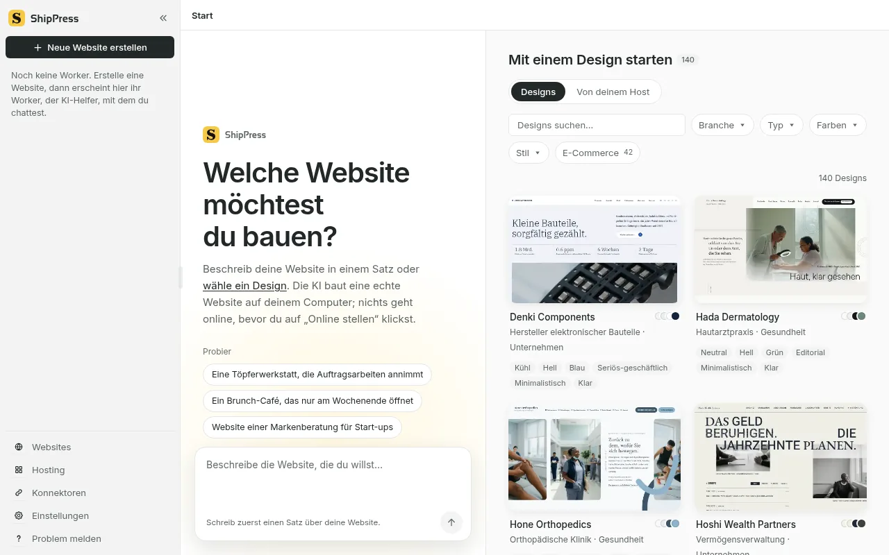 Die Designwand von ShipPress, mit Suche und den Filtern Branche, Typ, Farben und Stil, einschließlich E-Commerce.