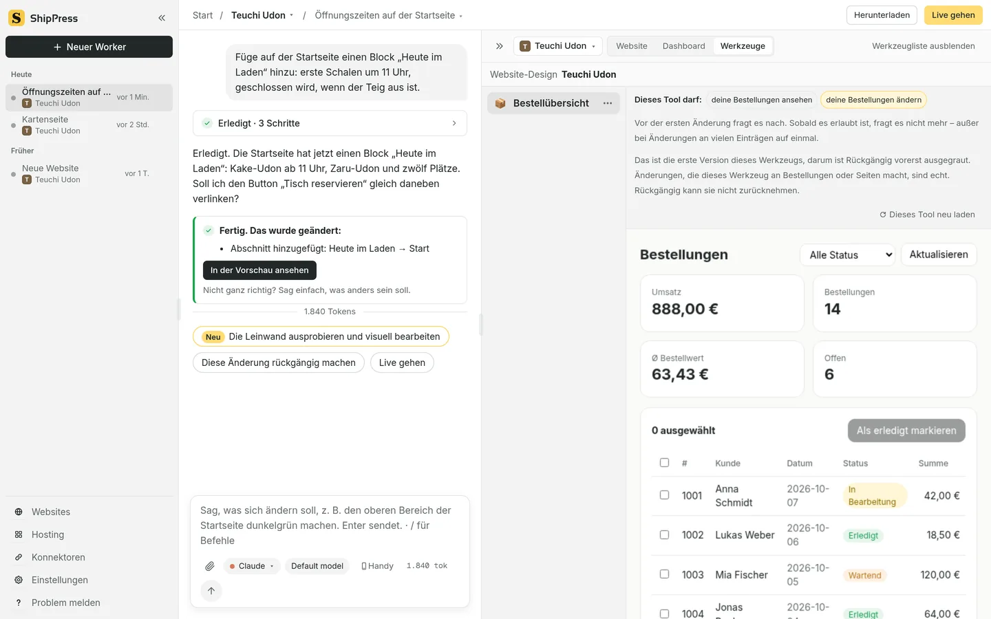 Die Vorschau auf Werkzeuge: eine Bestellübersicht mit Umsatz und Bestellungen, und Dieses Tool darf: deine Bestellungen ansehen, deine Bestellungen ändern.
