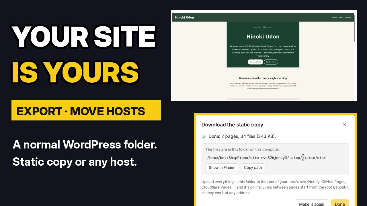 Video thumbnail: Your site is yours, a static copy and a WordPress host