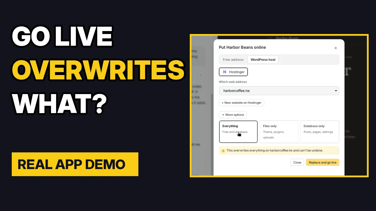 Video thumbnail: the Go live box with the warning that it overwrites everything.