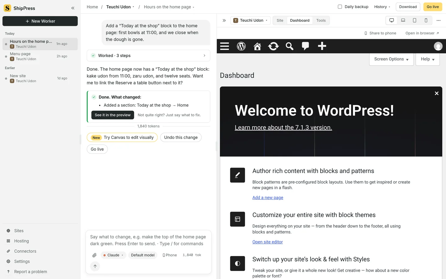 The preview with Dashboard selected, showing the WordPress dashboard already signed in.