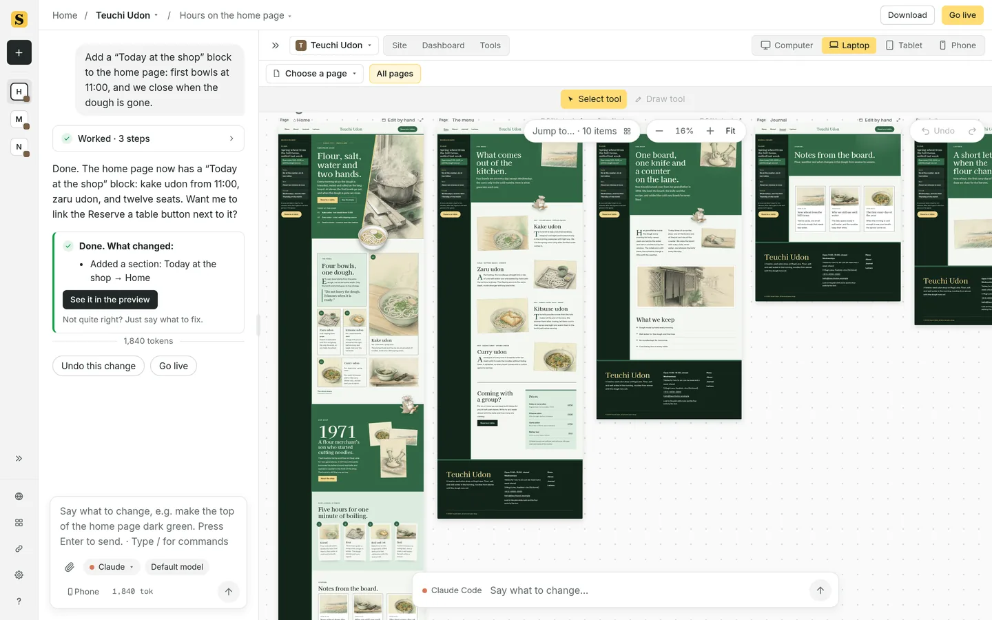 Canvas in ShipPress, with the site’s pages laid out side by side.