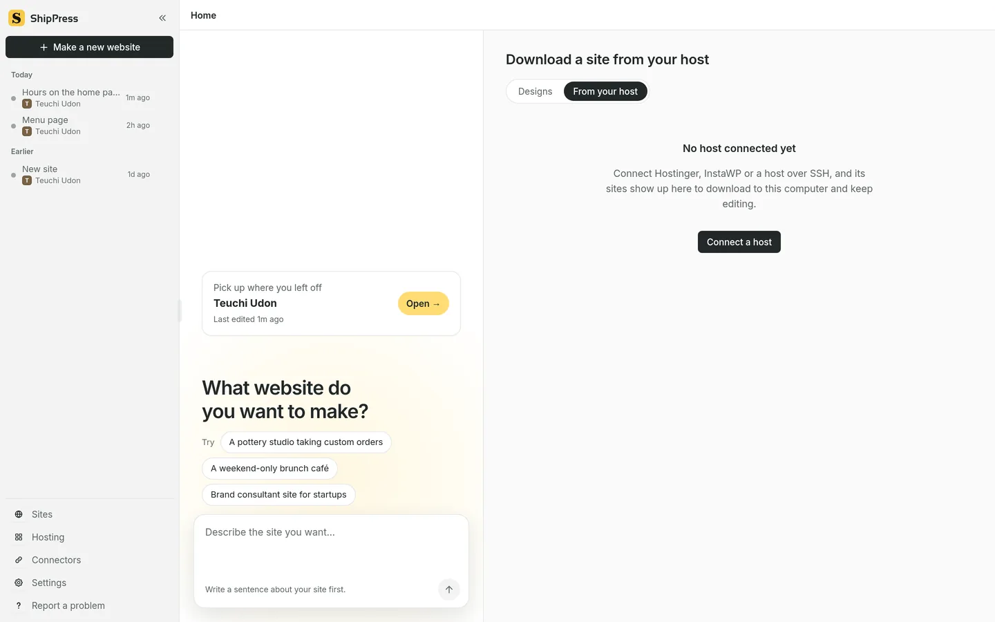 The From your host tab, with the heading Download a site from your host and a Connect a host button.