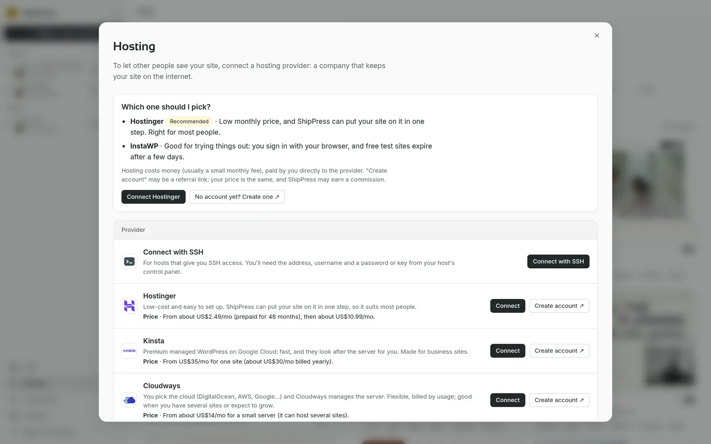 The hosting dialog: Which one should I pick, Hostinger marked Recommended, InstaWP for trying, and cards for Connect with SSH, Kinsta and Cloudways.
