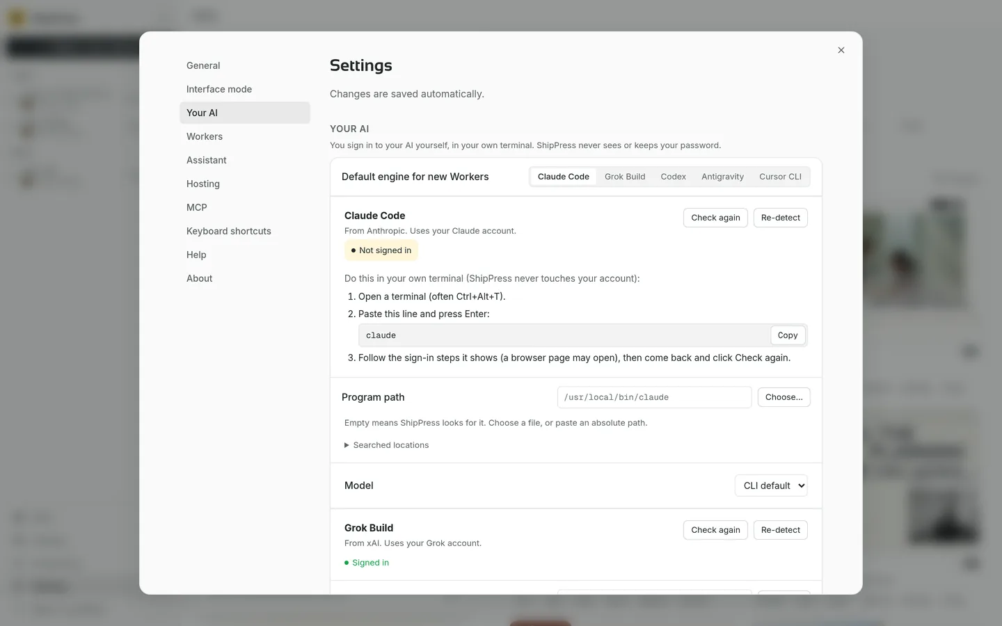 Settings, Your AI: the default engine choices Claude Code, Grok Build, Codex and Antigravity, with terminal sign-in steps and Check again.