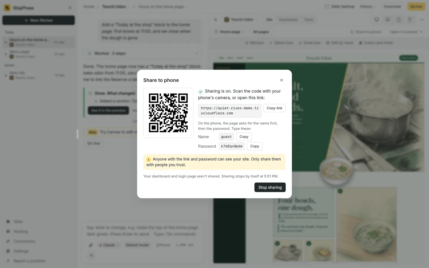 The Share to phone dialog, with a QR code for a temporary link.