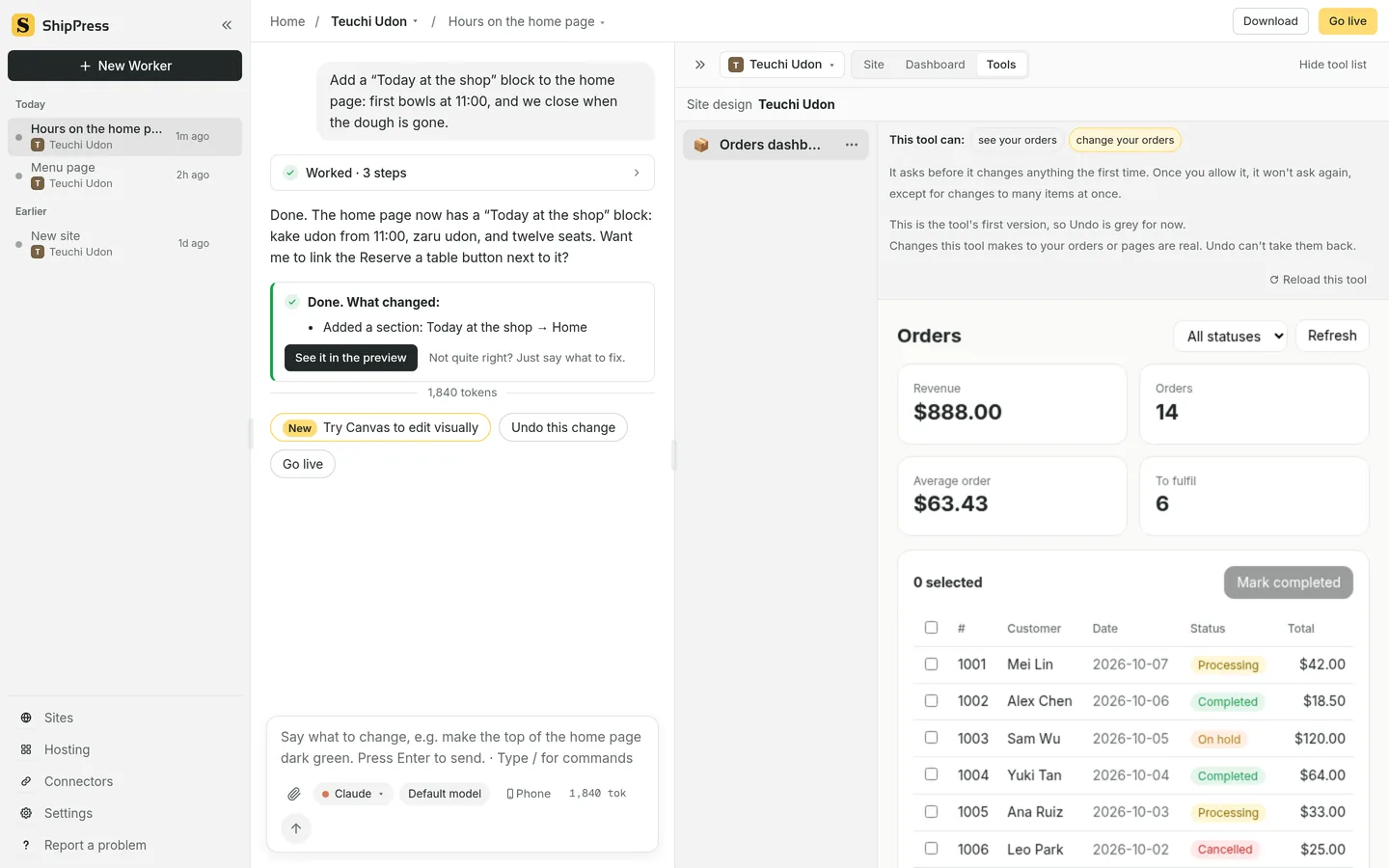 The preview with Tools selected: an Orders dashboard with revenue and orders, and This tool can: see your orders, change your orders.