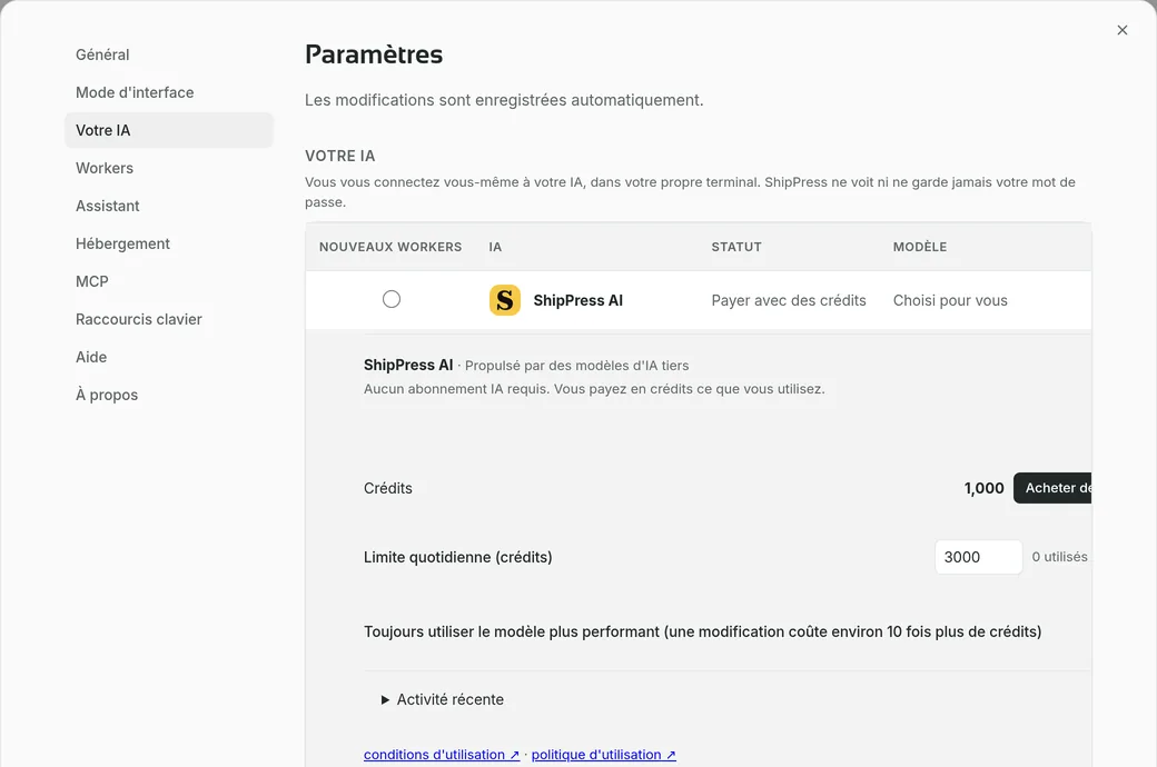 Paramètres de ShipPress, section Votre IA : la carte ShipPress AI affiche le solde de crédits et un bouton Acheter des crédits