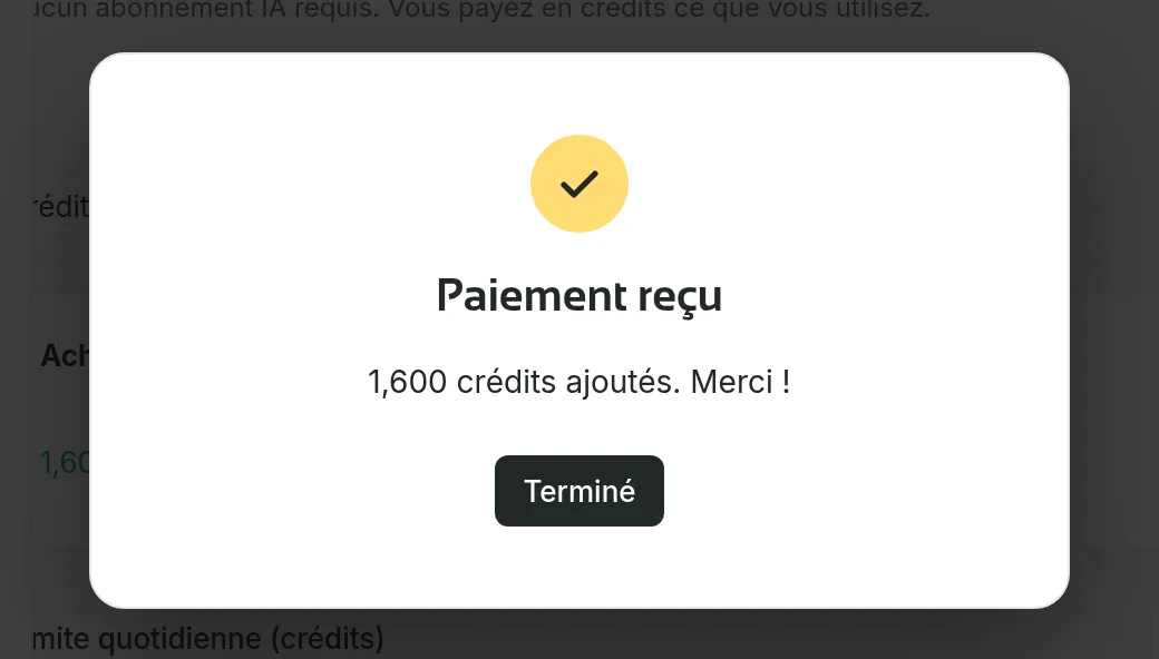 L’écran « Paiement reçu » confirmant que les crédits ont été ajoutés