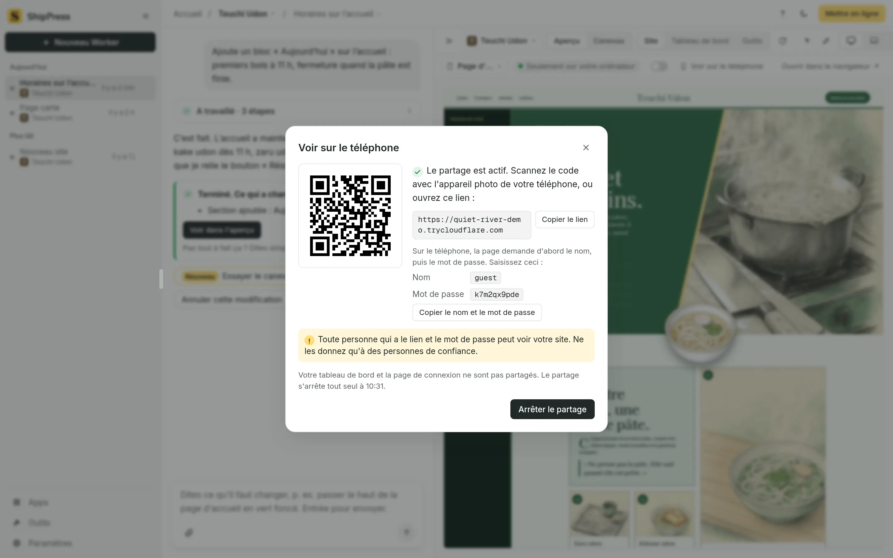 La fenêtre Voir sur le téléphone, avec un code QR pour un lien temporaire.