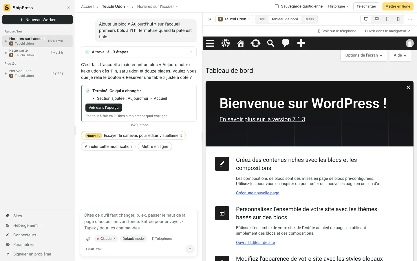 L’aperçu sur Tableau de bord, avec le tableau de bord WordPress déjà connecté.