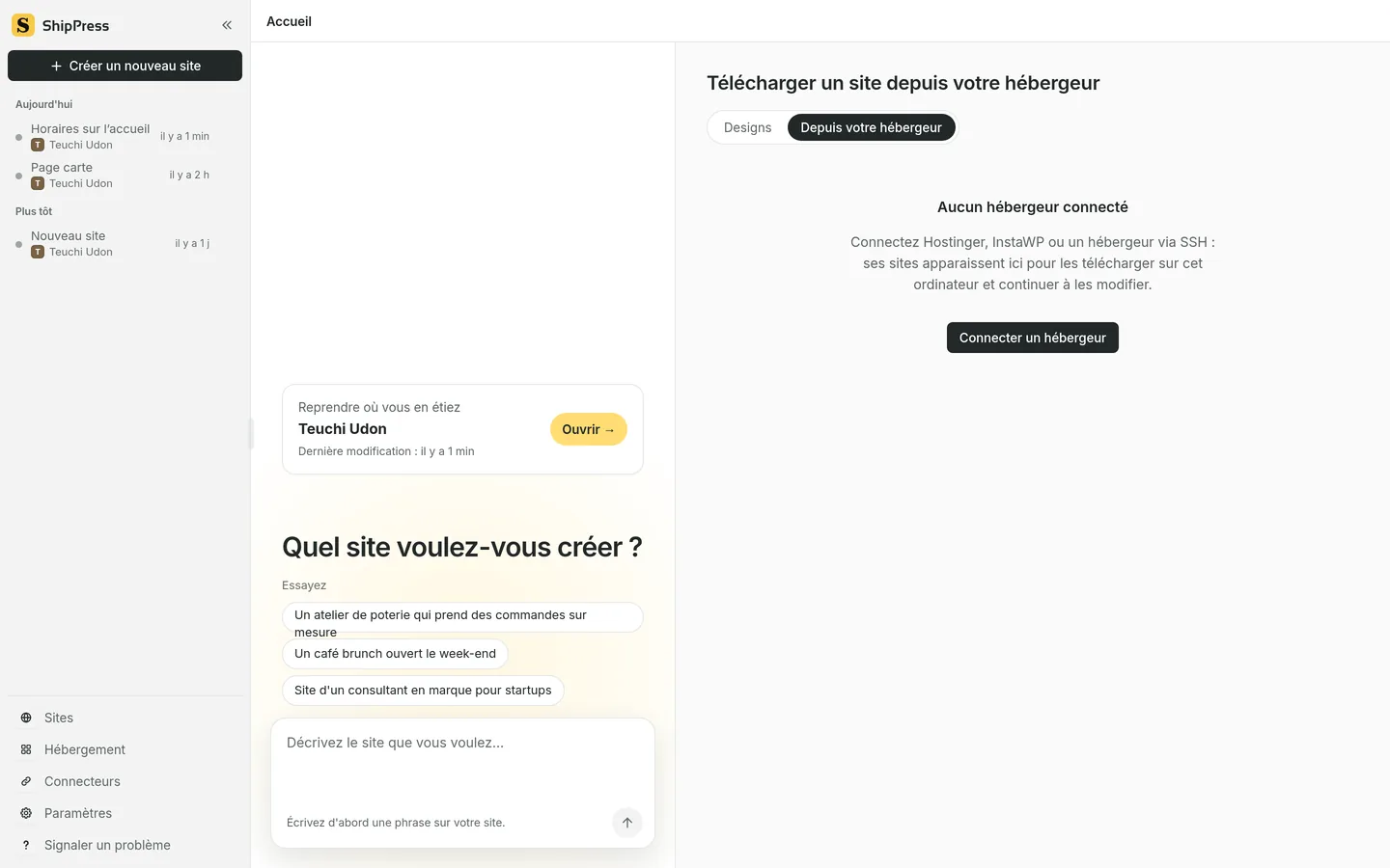 L’onglet Depuis votre hébergeur, avec le titre Télécharger un site depuis votre hébergeur et un bouton Connecter un hébergeur.