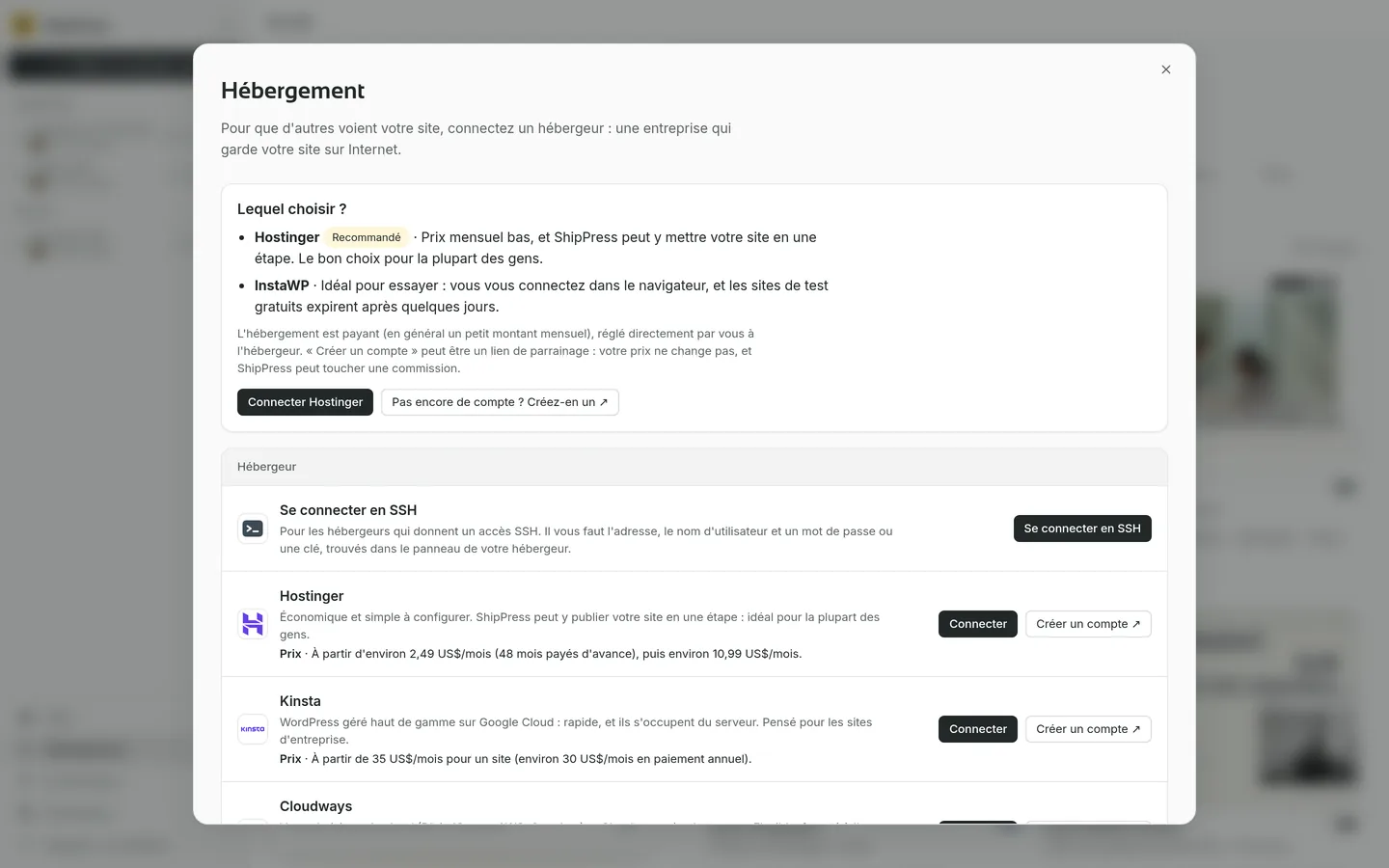 La fenêtre d’hébergement : Lequel choisir, Hostinger marqué Recommandé, InstaWP pour essayer, et les cartes Se connecter en SSH, Kinsta et Cloudways.