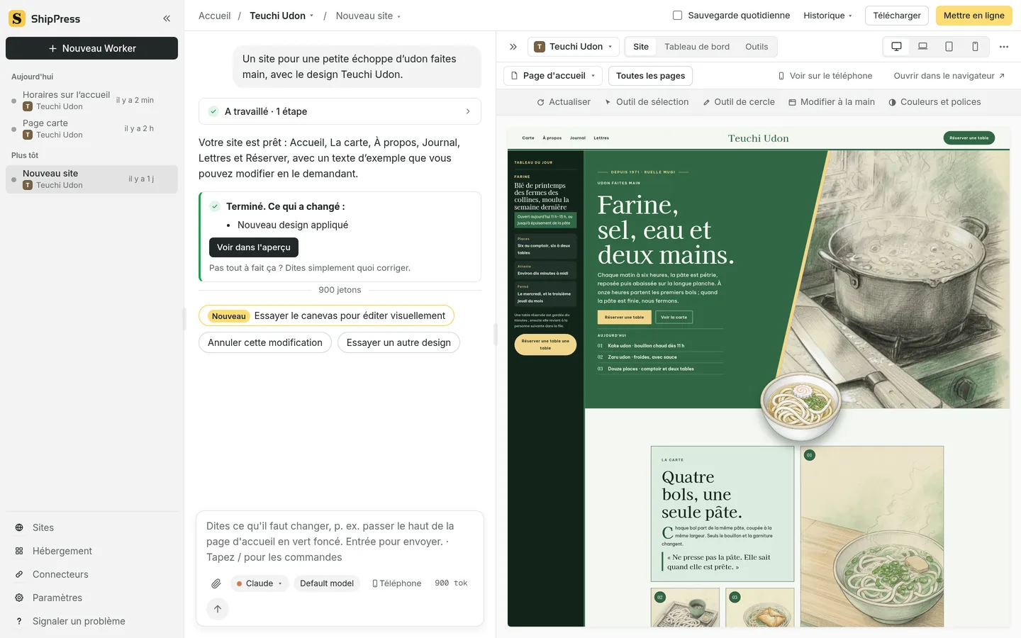 ShipPress ouvert sur un Mac, avec la discussion à gauche et un aperçu en direct du site à droite.