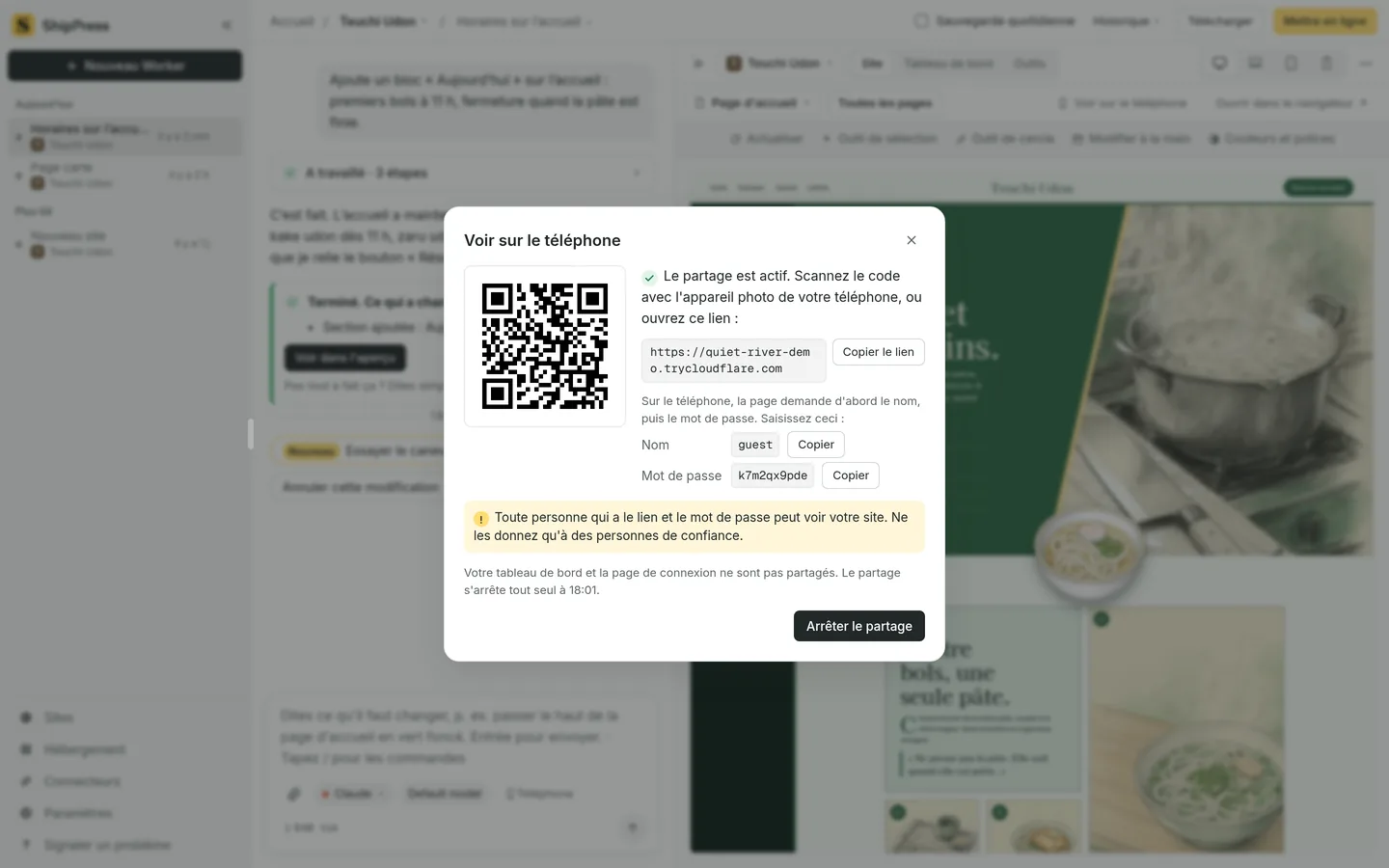 La fenêtre Voir sur le téléphone, avec un code QR pour un lien temporaire.
