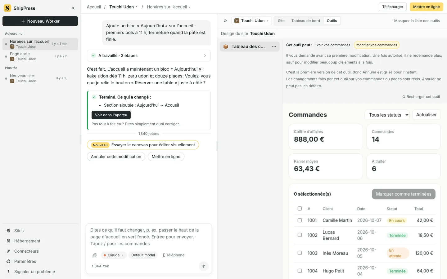 L’aperçu sur Outils : un tableau des commandes avec le chiffre d’affaires, et Cet outil peut : voir vos commandes, modifier vos commandes.