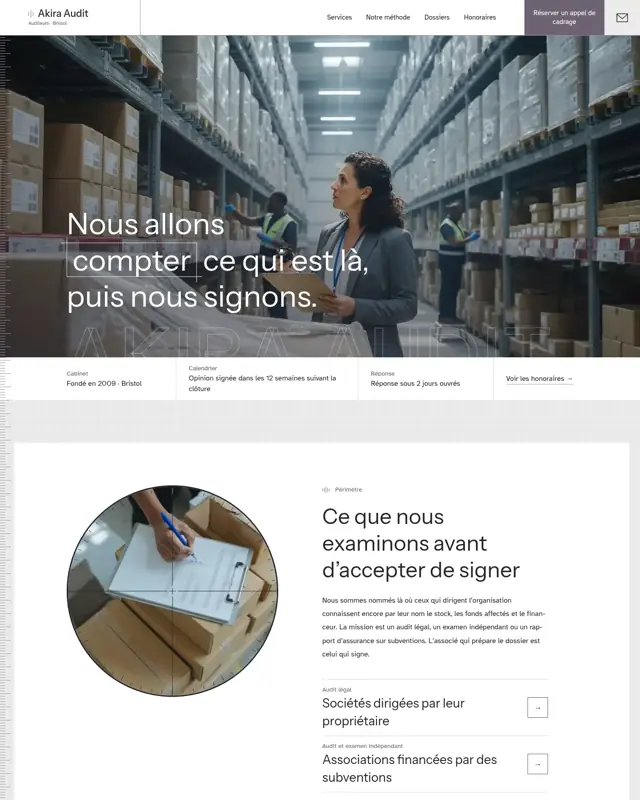 Page d’accueil du thème Akira Audit, un design pour la catégorie Cabinet d'audit