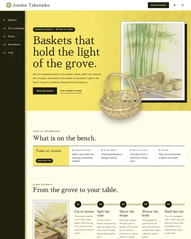 Home page of the Amime Takezaiku theme, a design for a bamboo basketry