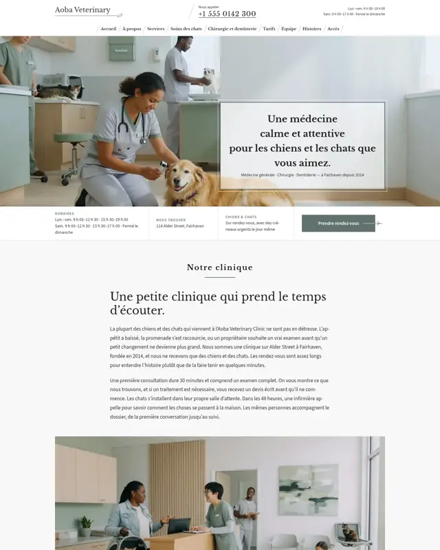 Page d’accueil du thème Aoba Veterinary, un design pour la catégorie Clinique vétérinaire