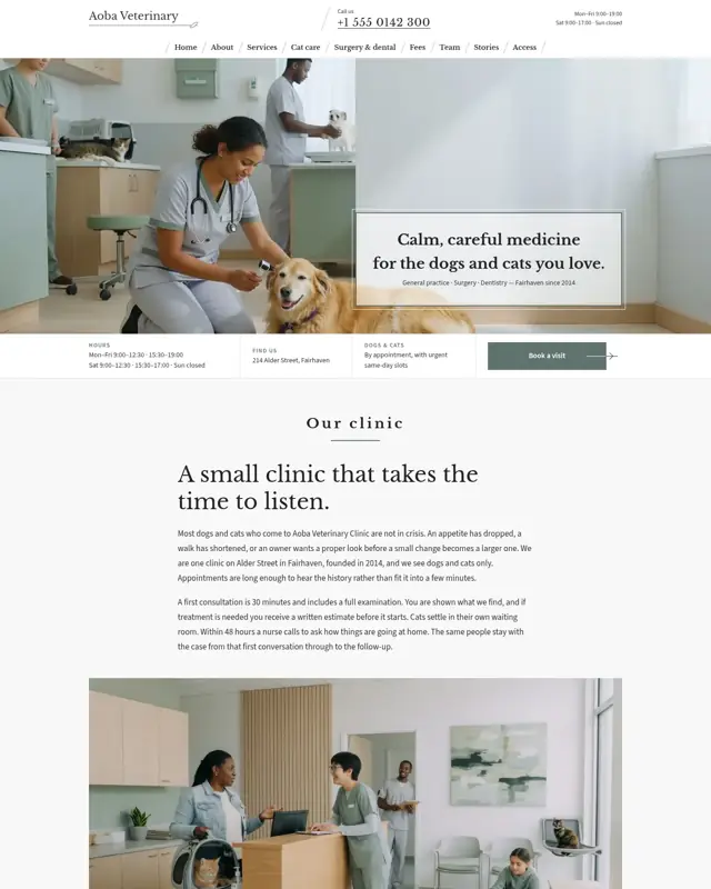 Home page of the Aoba Veterinary theme, a design for a veterinary clinic