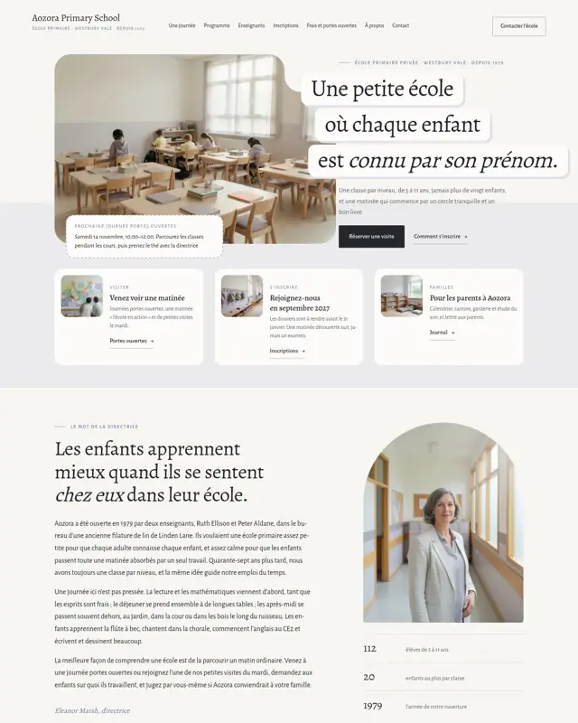 Page d’accueil du thème Aozora Primary School, un design pour la catégorie École primaire privée