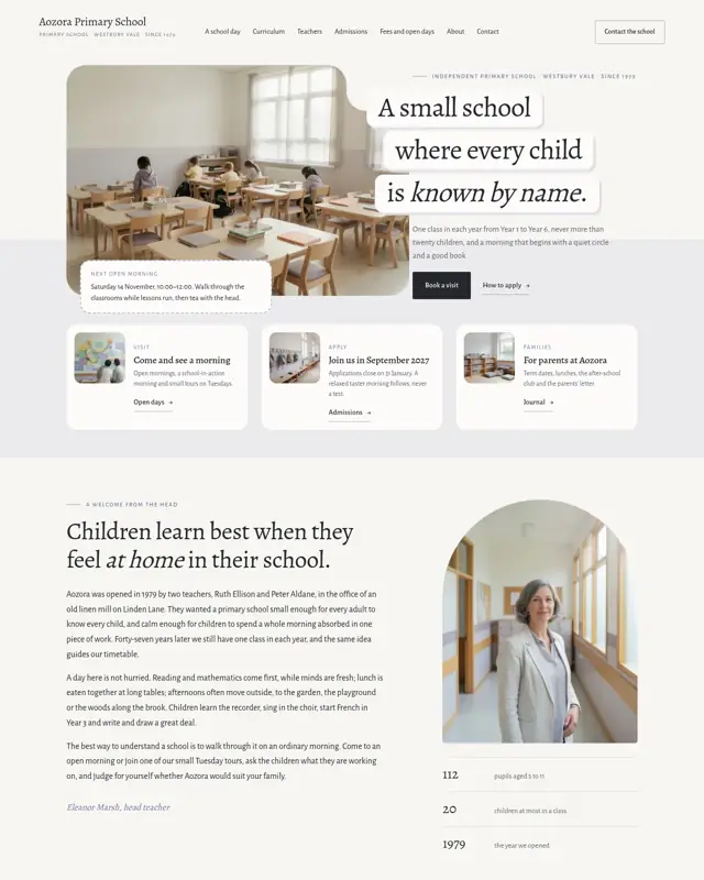 Home page of the Aozora Primary School theme, a design for a private primary school