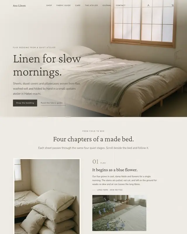 Home page of the Asa Linen theme, a design for a linen bedding