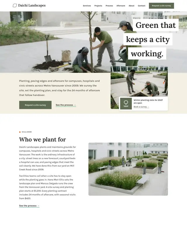Home page of the Daichi Landscapes theme, a design for a commercial landscaping