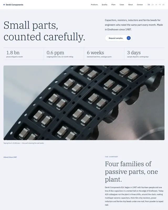 Home page of the Denki Components theme, a design for a electronic components maker