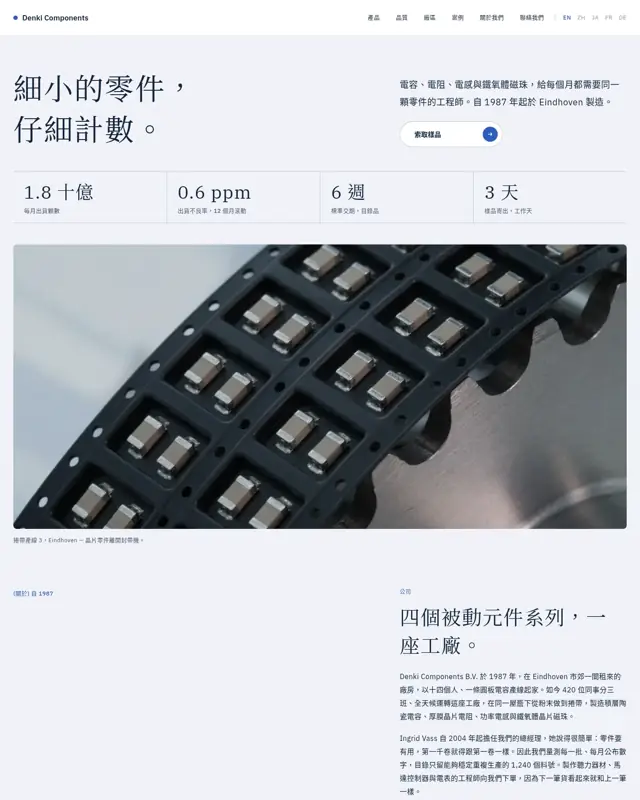Denki Components 主題的首頁，一款為電子零件製造商打造的設計