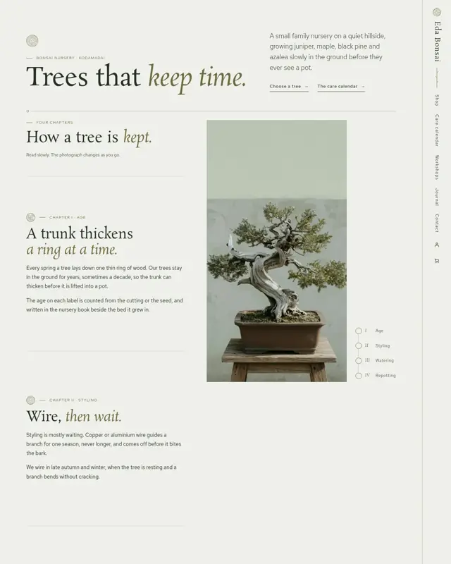 Home page of the Eda Bonsai theme, a design for a bonsai nursery