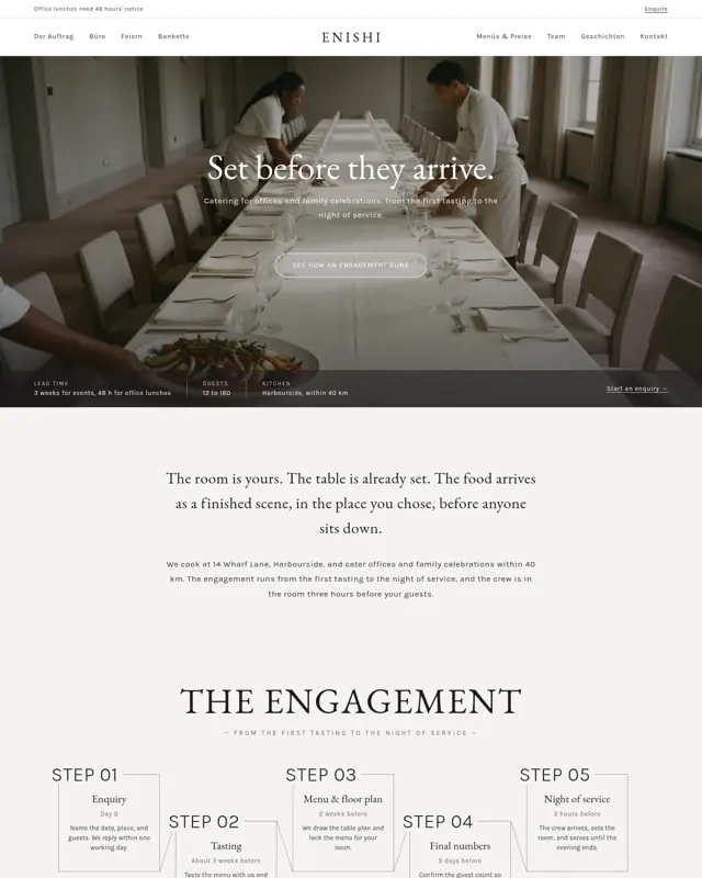 Startseite des Themes Enishi Catering, ein Design für die Branche Catering-Unternehmen